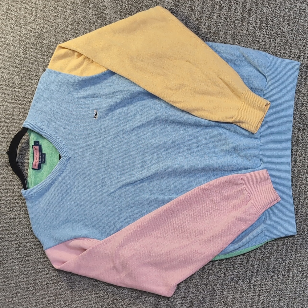 Vineyard Vines Pastel Colorblock V-Neck Sweater Size Large in Blue Pink Green - Picture 2 of 9